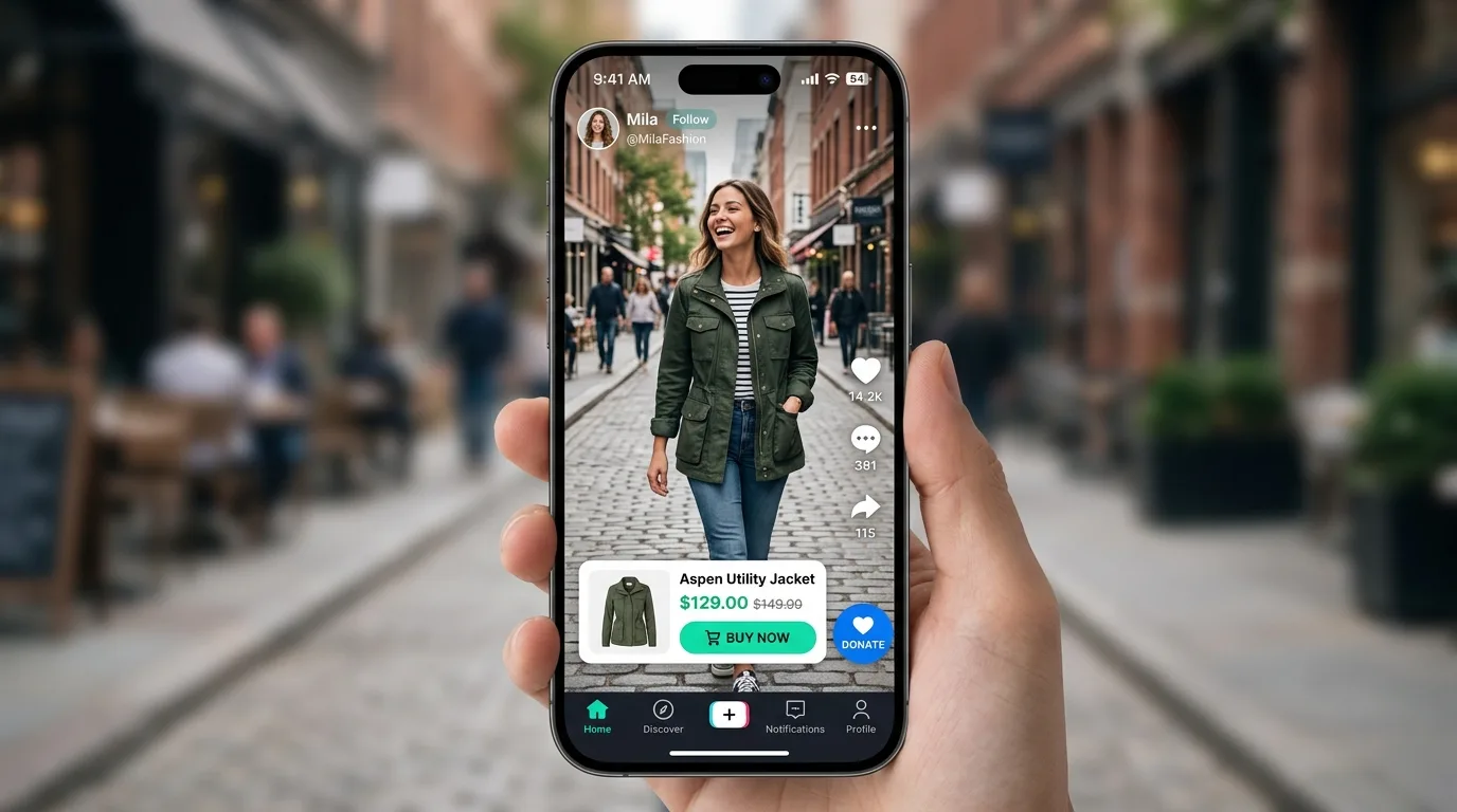 Мокап интерфейса VK Клипов с карточкой товара (шопс) и кнопкой доната Donut