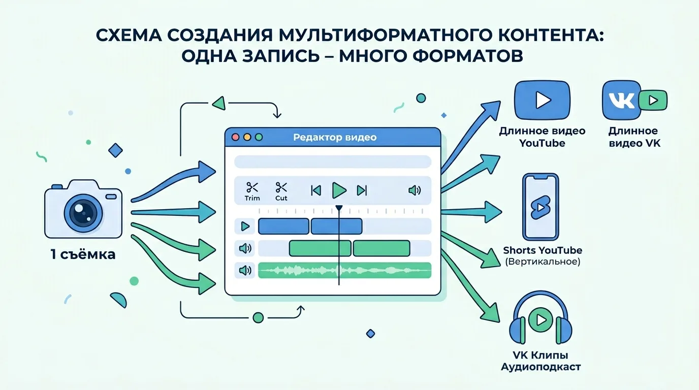 Схема репурпозинга: из одной съёмки — пять единиц контента через браузерный видеоредактор
