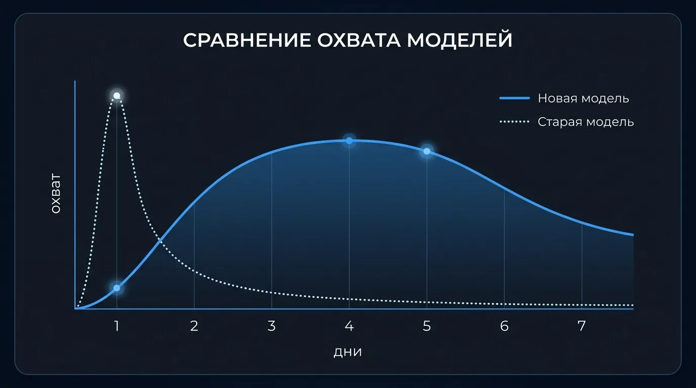 График волновой модели охватов VK Клипов 2.0 с пиком просмотров на 3–5 день