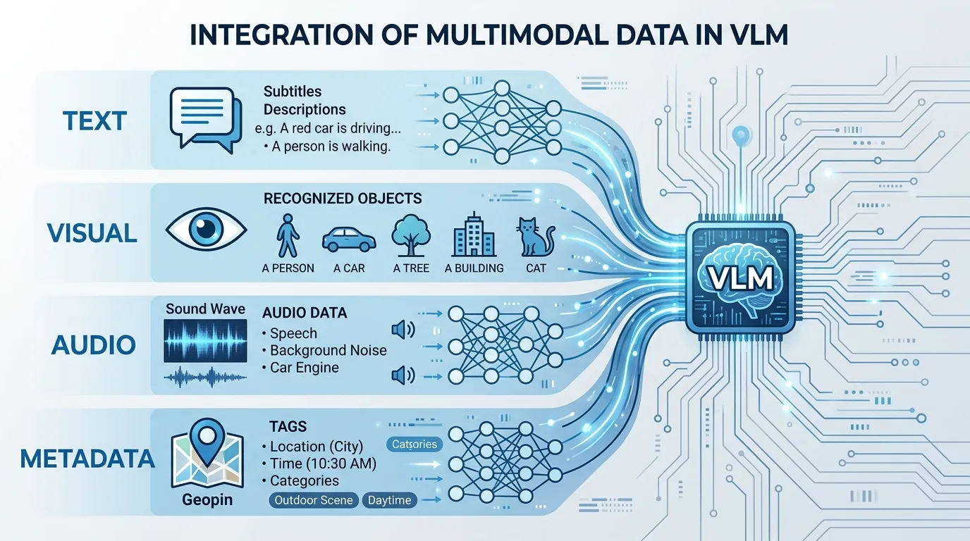 Инфографика четырёх слоёв мультимодального анализа VLM: текст, визуал, аудио, метаданные