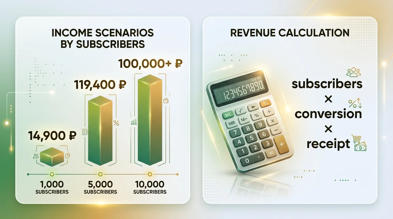 Расчёт ежемесячного дохода от платных подписок при разном размере аудитории: 1 000, 5 000 и 10 000 подписчиков