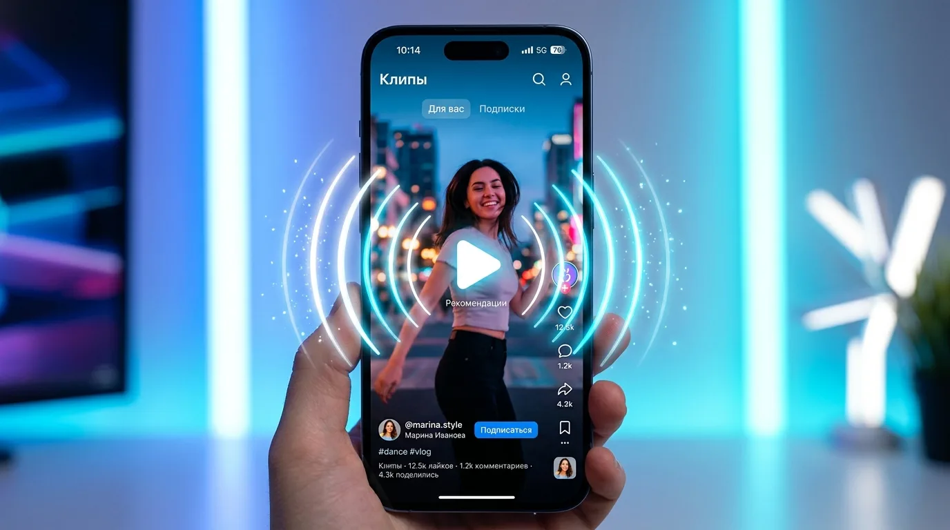Смартфон с вертикальной лентой VK Клипов 2.0 и волнами алгоритмических рекомендаций