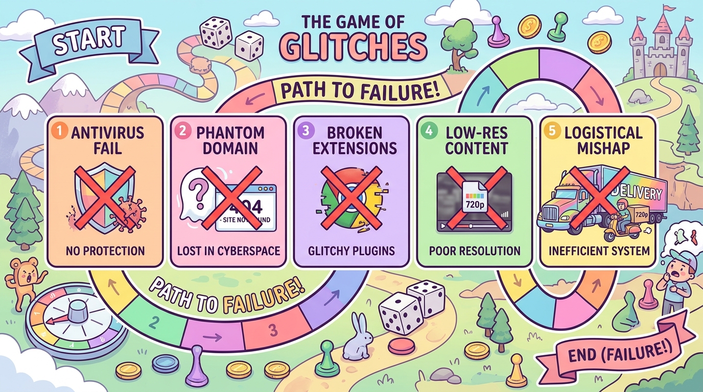 Игровая дорожка из пяти этапов, каждый символизирует провал очередного загрузчика видео