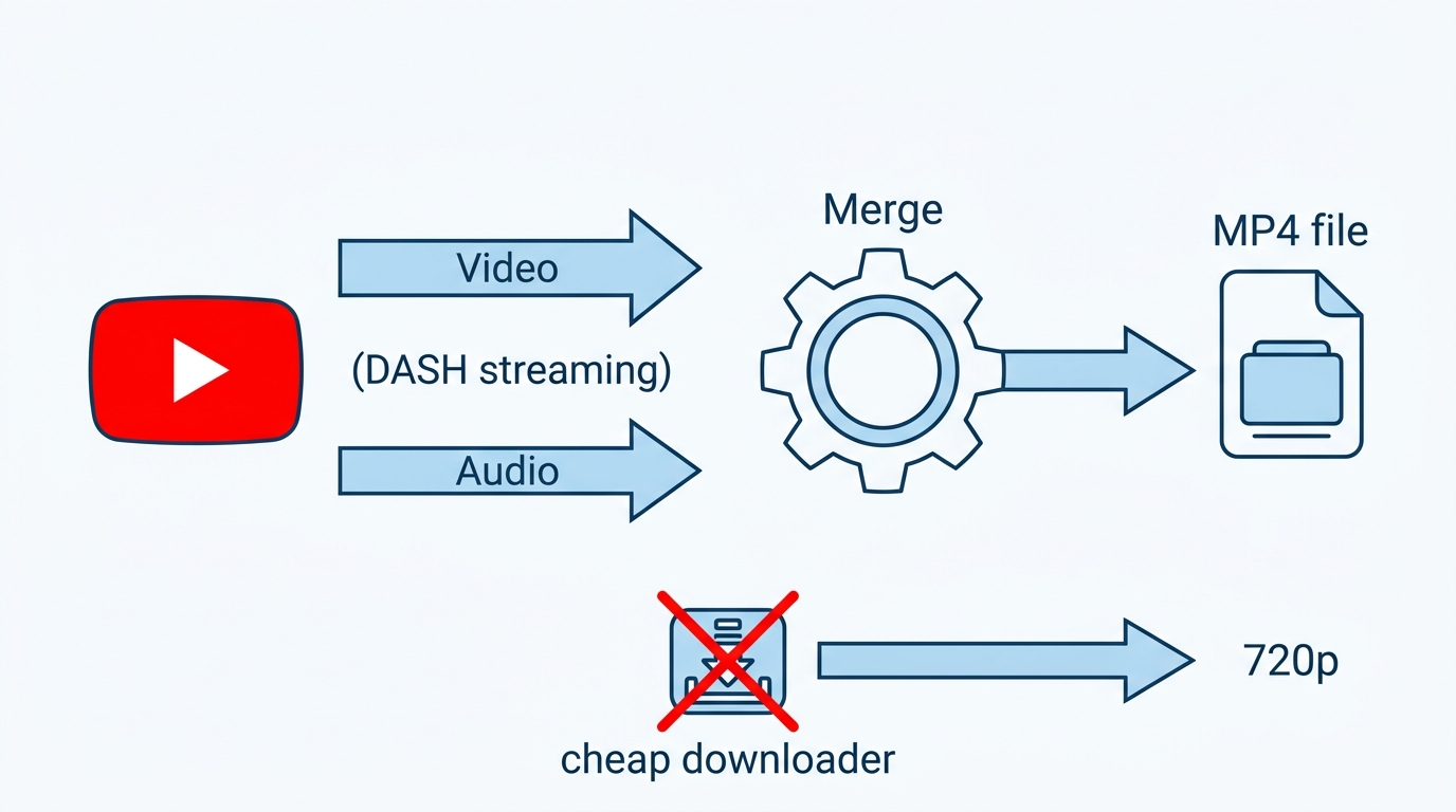 Схема DASH-стриминга YouTube: раздельные потоки видео и аудио, которые нужно склеивать в один файл