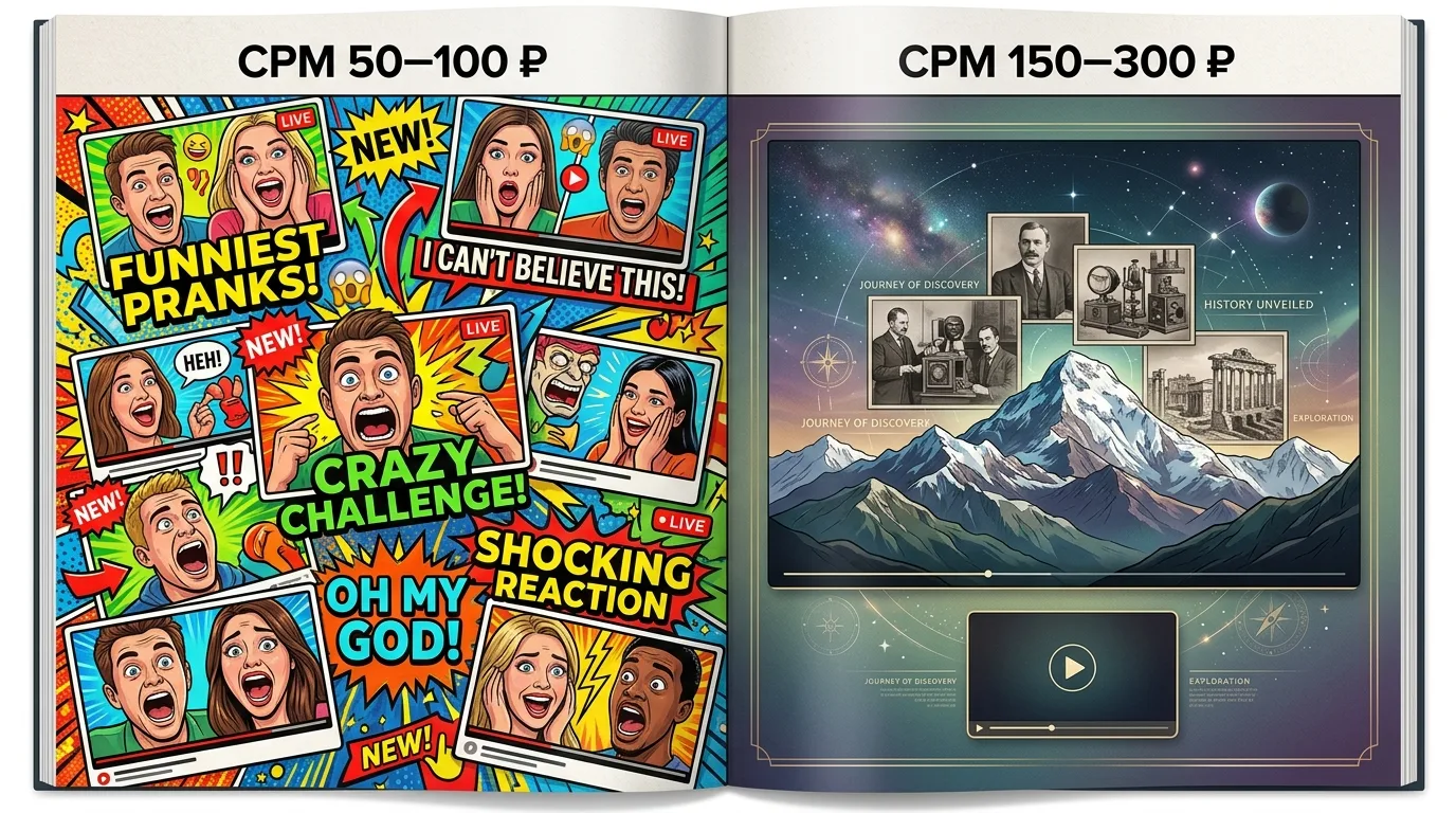 Сравнение CPM развлекательного и документального контента на VK Видео: 50–100 ₽ против 150–300 ₽