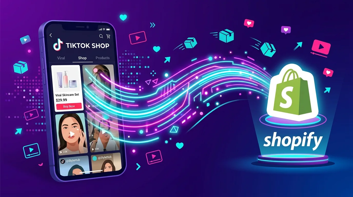 Интеграция TikTok Shop и Shopify — смартфон с интерфейсом маркетплейса и символ корзины, соединённые неоновым мостом на фиолетовом фоне