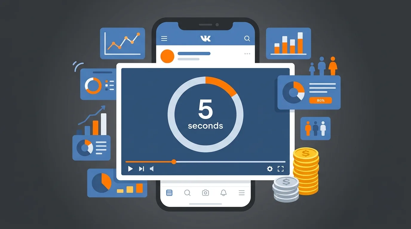 Обложка статьи: экран смартфона с видеоплеером VK Видео, отметка 5 секунд и элементы аналитики — графики просмотров по регионам и возрасту