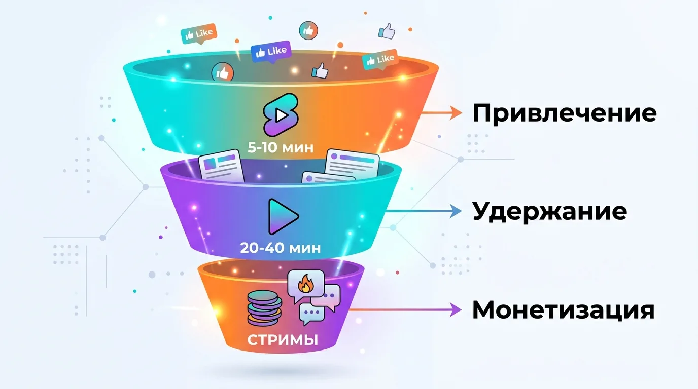 Воронка форматов образовательного видео: короткие уроки для привлечения, длинные разборы для удержания, стримы для монетизации