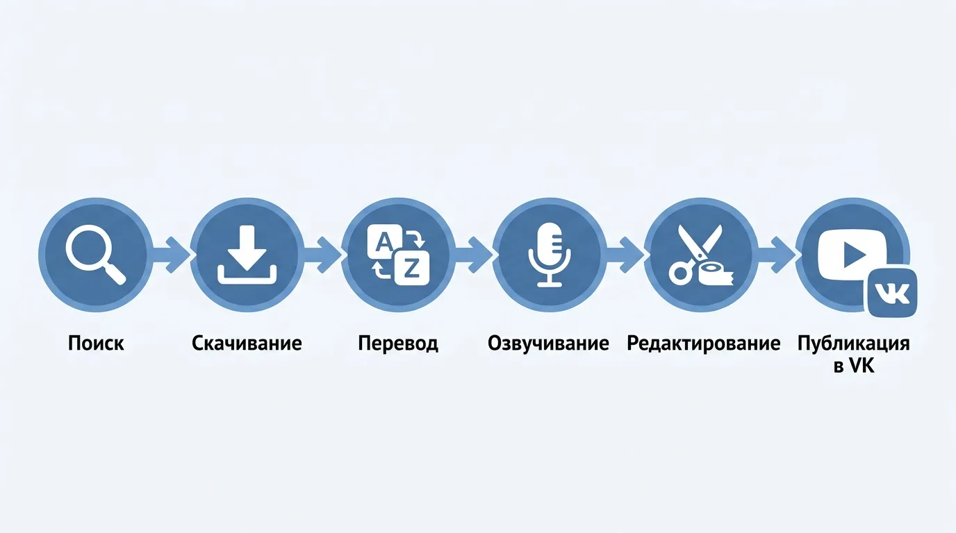Схема пайплайна создания озвученной документалки: поиск, скачивание, перевод, озвучка, монтаж, публикация