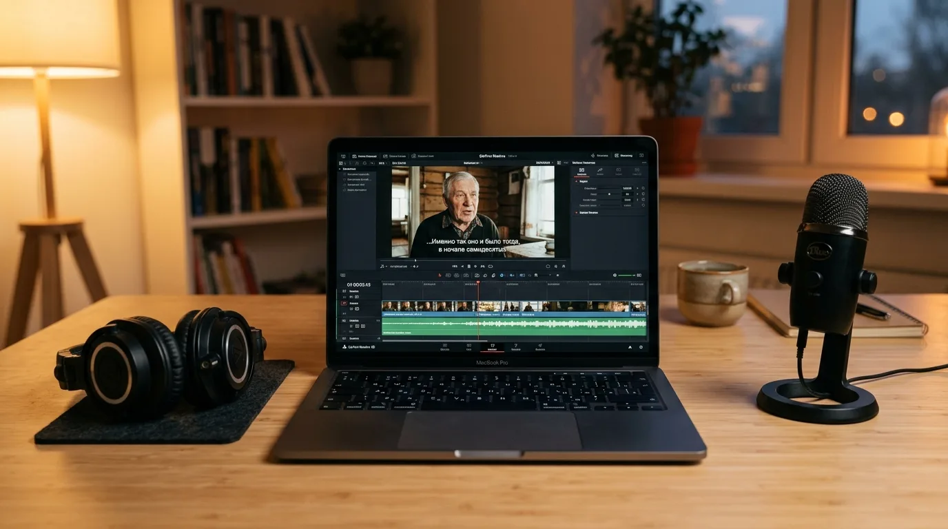 Рабочее место автора озвучки документальных фильмов: ноутбук, микрофон и наушники на столе
