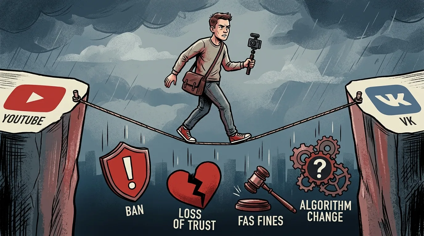 Видеоблогер балансирует между платформами, окружённый символами рисков аффилиатного маркетинга