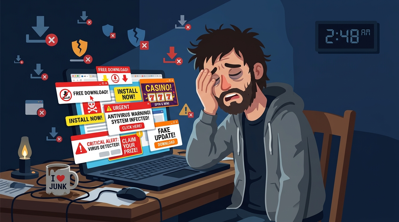 Уставший пользователь за ноутбуком в окружении всплывающих окон и фейковых кнопок скачивания