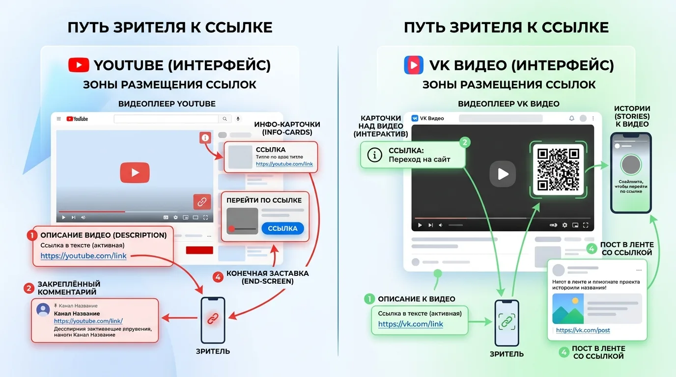 Сравнительная схема точек размещения аффилиатных ссылок на YouTube и VK Видео