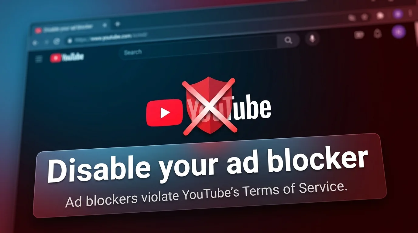 Чёрный экран YouTube с требованием отключить блокировщик рекламы — иллюстрация новой политики платформы в марте 2026 года