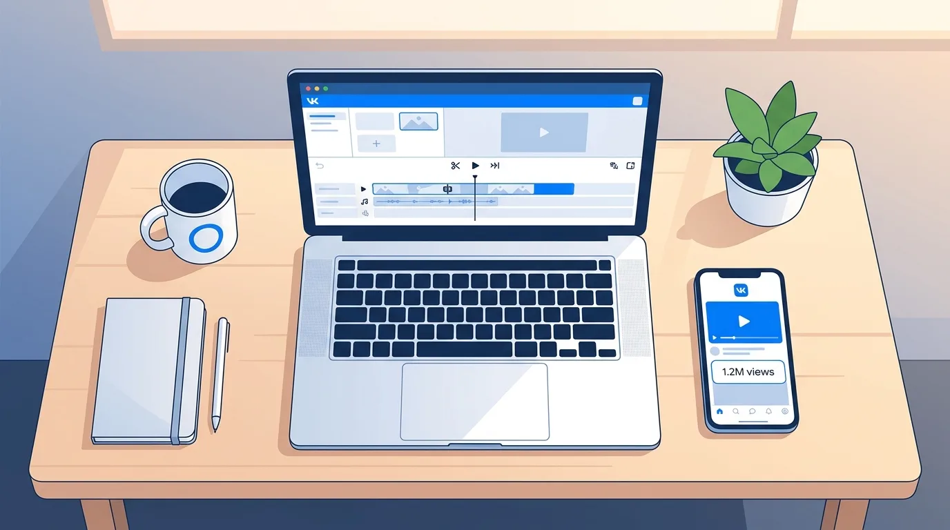 Ноутбук с видеоредактором и смартфон с VK Видео — рабочее место автора компиляций