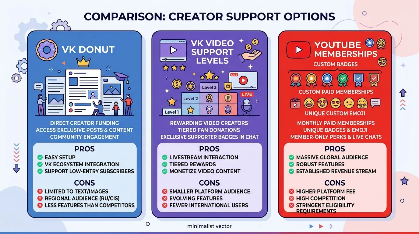 Сравнение трёх инструментов платных подписок: VK Donut, уровни поддержки VK Видео и YouTube Memberships