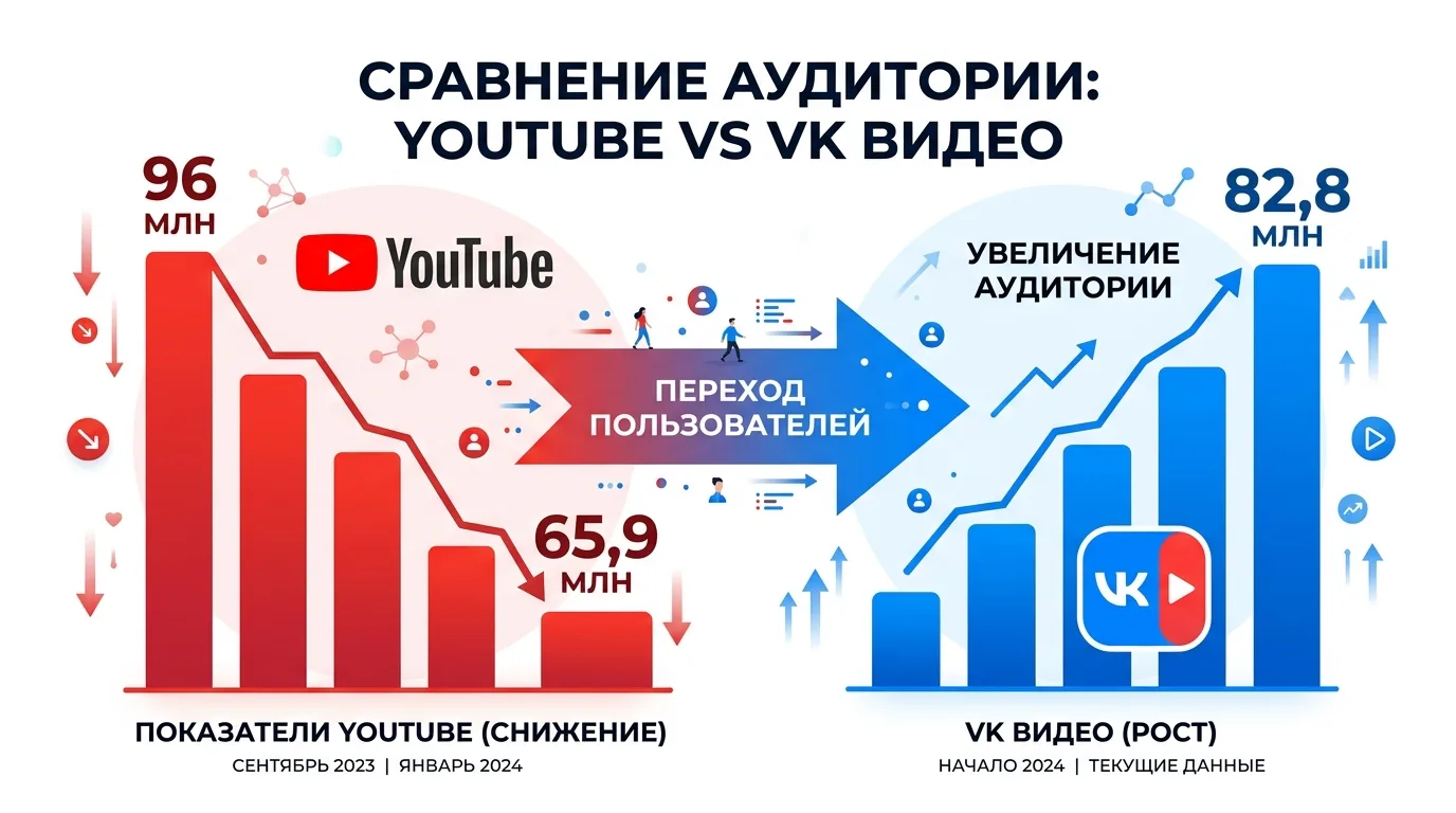 Инфографика: сравнение месячного охвата YouTube и VK Видео в России — 65,9 млн против 82,8 млн