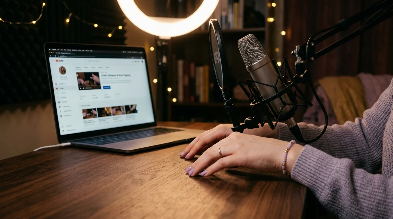 Запись ASMR-видео: руки у микрофона в уютной студии с тёплым светом — старт канала на YouTube или VK Video