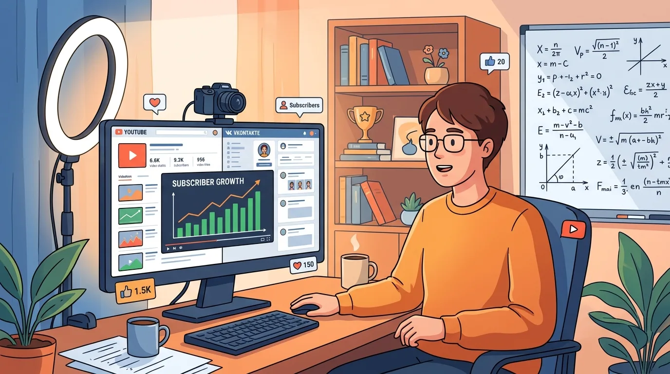 Эксперт записывает образовательное видео для YouTube и VK Видео — рабочее место с камерой, лампой и графиками роста канала