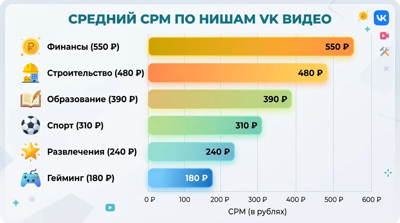 Диаграмма CPM по нишам VK Видео: финансы и строительство лидируют, гейминг и развлечения — самый низкий доход на просмотр