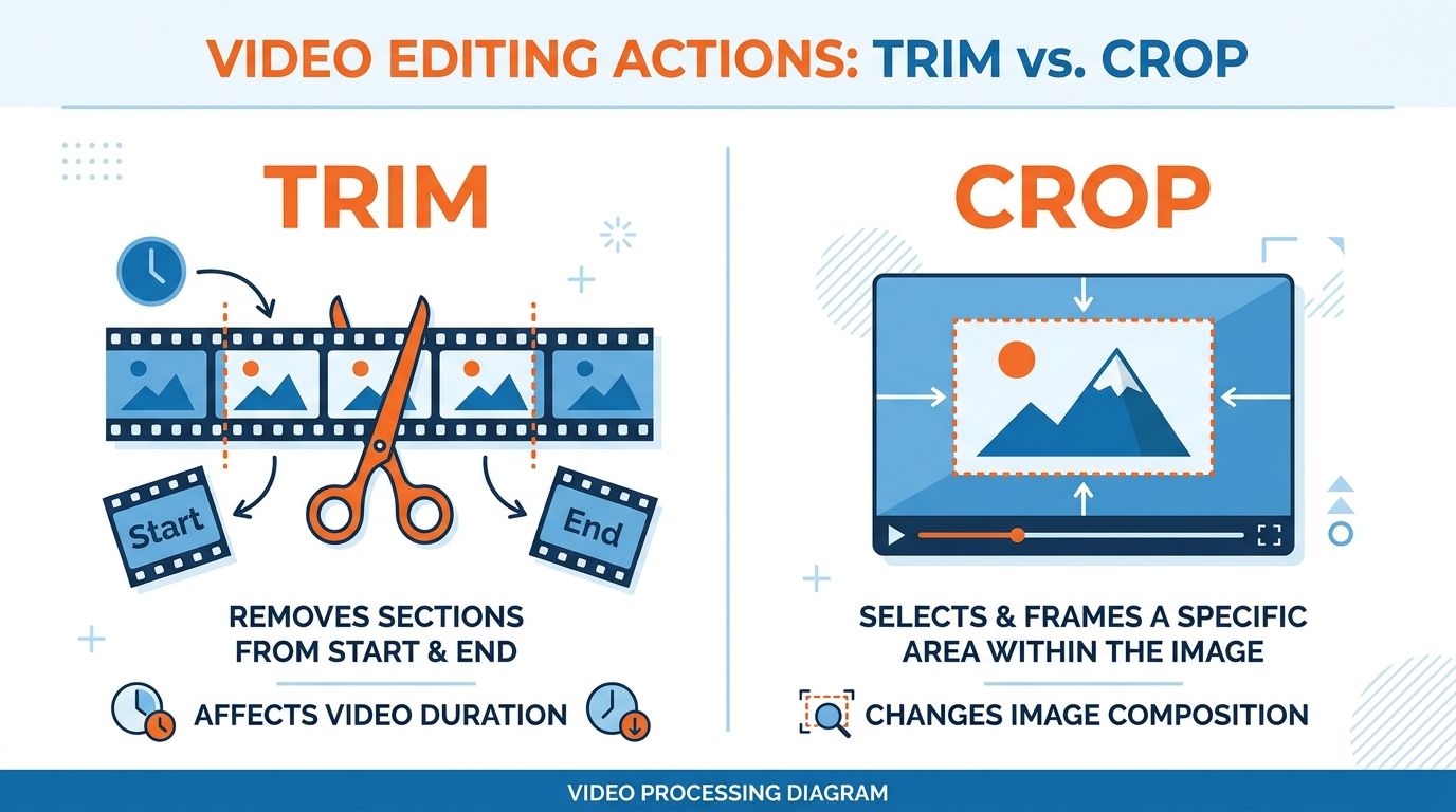Инфографика сравнения Trim (обрезка по времени) и Crop (обрезка краёв кадра)