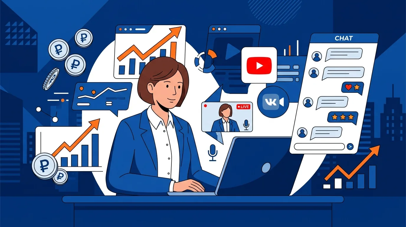 Эксперт проводит вебинар через YouTube и VK Видео, вокруг иконки монетизации и роста аудитории