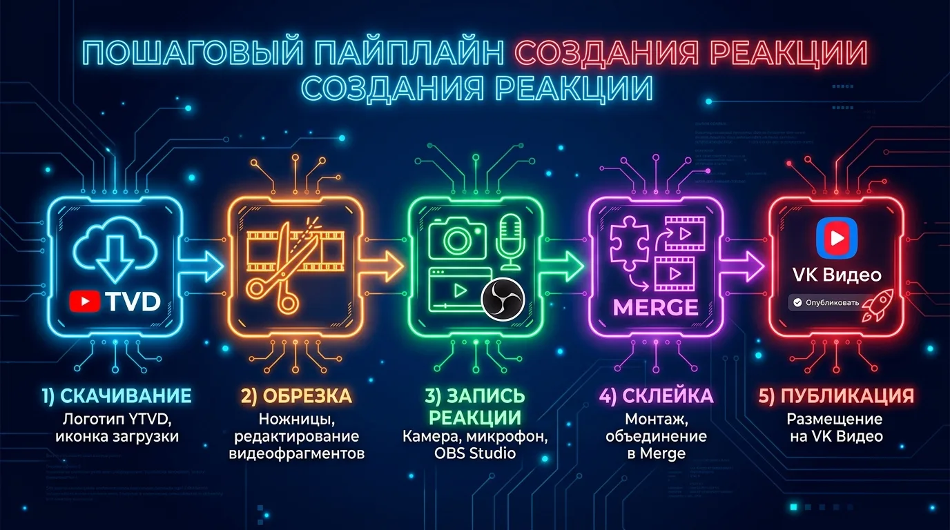 Пошаговая техническая цепочка создания реакции: скачивание через YTVD, обрезка, запись в OBS, склейка, публикация на VK Видео
