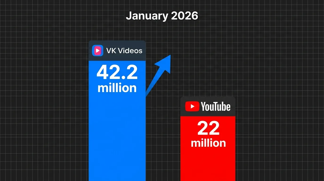 Инфографика: VK Видео обогнал YouTube по дневной аудитории в России — 42,2 млн против 22 млн пользователей в сутки, январь 2026