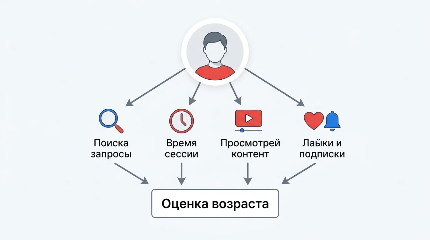 Схема работы ИИ-оценки возраста YouTube: поведенческие сигналы пользователя анализируются для определения возрастной категории