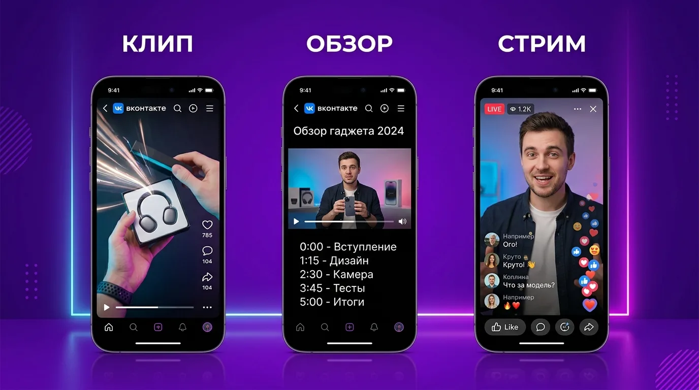 Три формата видео для VK Video: клипы, обзоры и стримы на экранах смартфонов