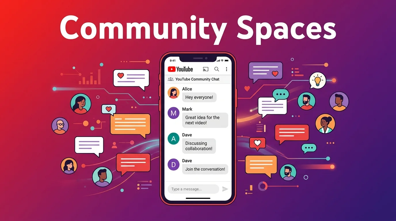 Обложка: смартфон с интерфейсом YouTube Community Spaces и иконками группового чата