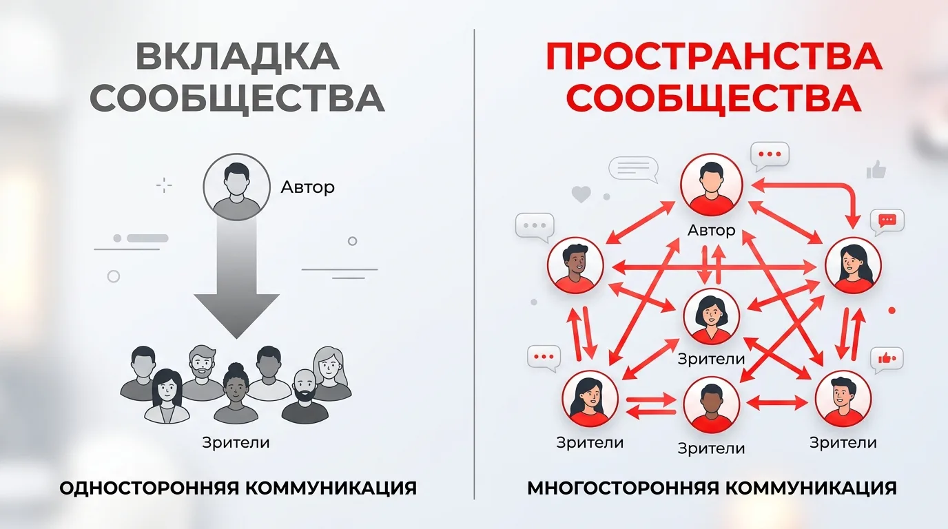 Сравнительная схема: односторонняя вкладка Сообщество и двустороннее общение в Community Spaces