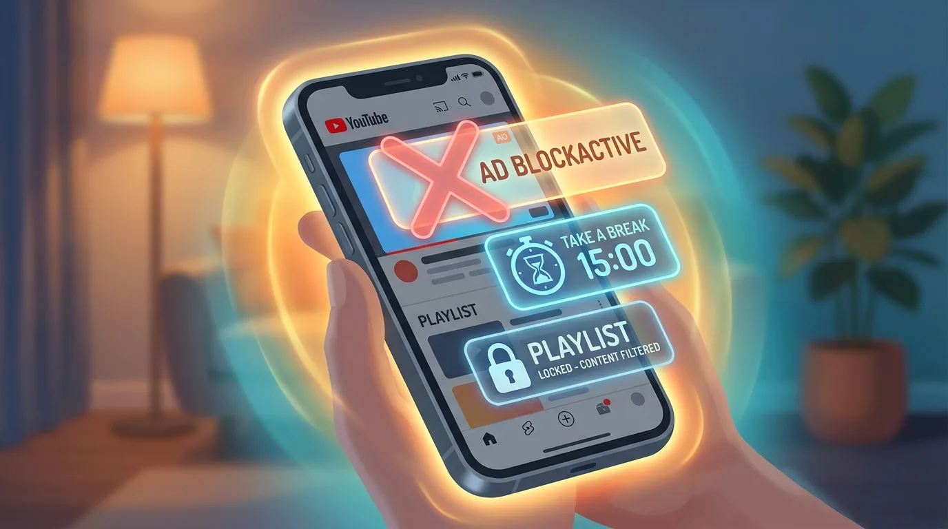 Экран смартфона с YouTube, на котором активированы защитные ограничения для подростков: отключение персонализированной рекламы, напоминания о перерывах, настройки приватности