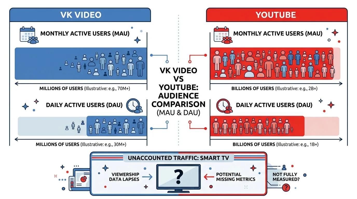 Сравнительная инфографика аудитории VK Video и YouTube в России: MAU и DAU платформ