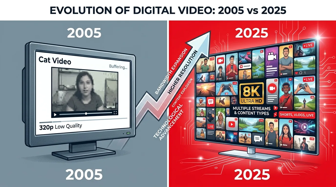 Инфографика сравнения YouTube 2005 и 2025: от 320p и единичных роликов до 8K, Shorts и миллиардов пользователей