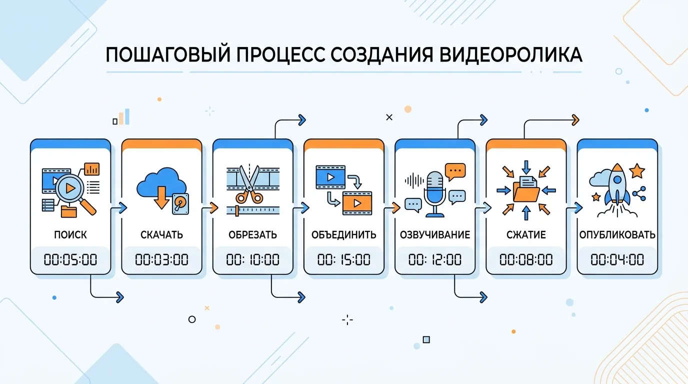 Блок-схема техпроцесса создания компиляции за 90 минут — 7 шагов от поиска до публикации