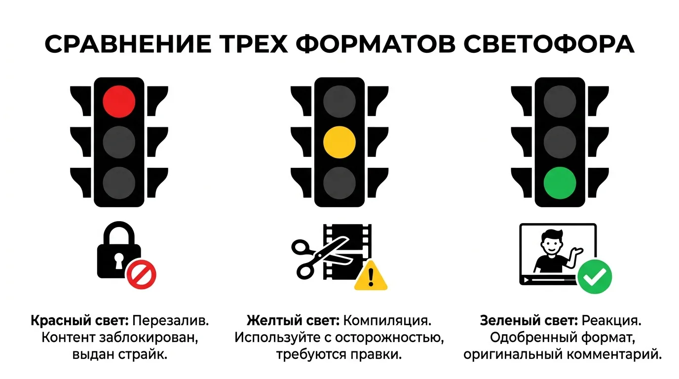 Инфографика-светофор: перезалив запрещён, компиляция рискованна, реакция с авторским комментарием — легальный формат