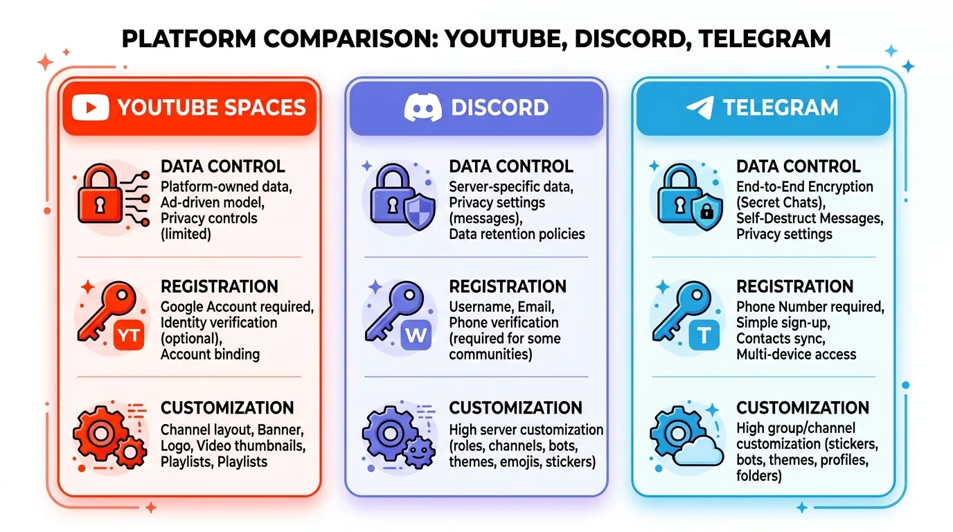 Визуальное сравнение YouTube Community Spaces, Discord и Telegram по ключевым параметрам