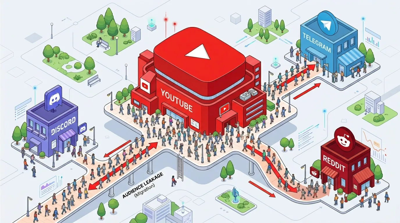 Изометрическая иллюстрация: аудитория уходит с YouTube на внешние платформы Discord, Telegram и Reddit