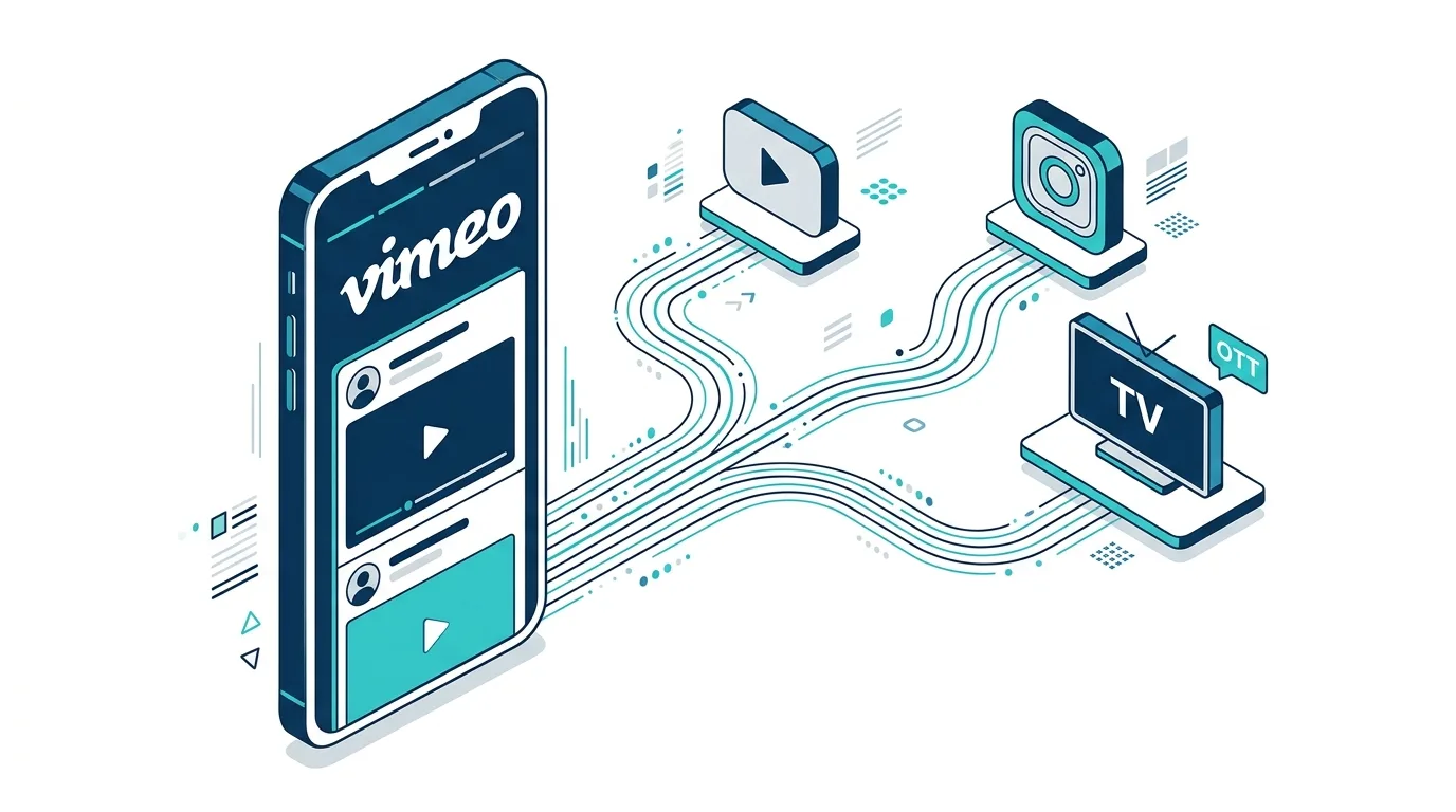 Концепция Vimeo Stories Hub: смартфон с интерфейсом сторис и потоки дистрибуции контента на YouTube, Instagram и OTT-платформы
