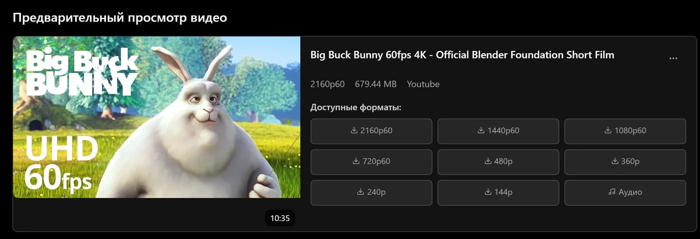Результат анализа Big Buck Bunny на ytvd.ru: качество 2160p60, размер 679.44 MB, форматы от 2160p60 до 144p и аудио