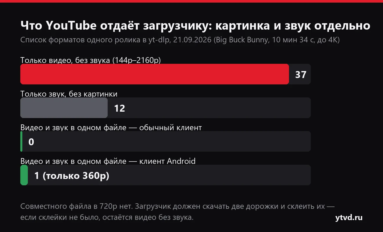 Диаграмма: у ролика на YouTube 37 форматов только с видео, 12 только со звуком и ни одного совместного в обычном клиенте, один совместный 360p в клиенте Android
